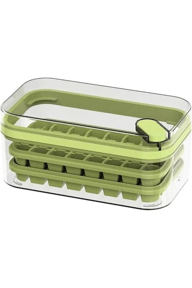 Double-layer 64-grid ice tray with press-to-release design and included ice shovel for convenience
