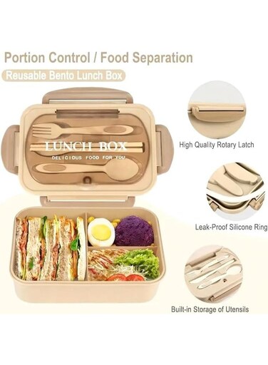 Lunch Box Containers for Adults Children with 3 Comp. Large 1400ml for Office, School, Home, Travel, Kids, Girls, Boys, LeakProof with Utensils, BPA Free, Microwave Safe (Beige)