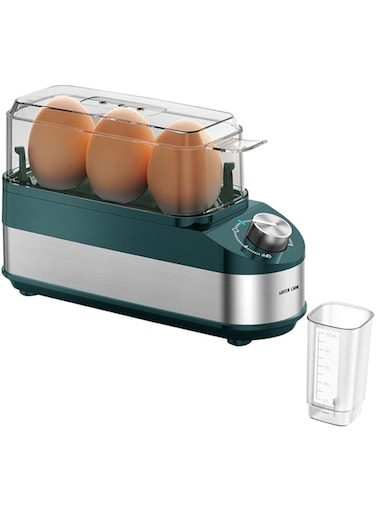 Green Lion Trio Egg Cooker, 3-Egg Capacity, Fast 8-Min Cooking, Rotatory Knob Timer, Auto Shutoff, 210W Power, BPA-Free &amp; Non-Stick, Compact &amp; Stylish Kitchen Appliance, UK Plug - Green