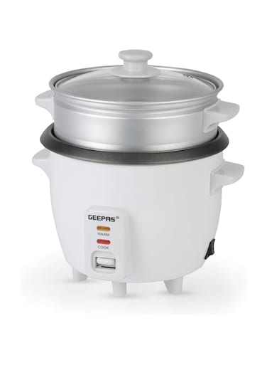 Geepas 0.6L Rice Cooker with Steamer   350W   Non-Stick Inner Pot, Automatic Cooking, Easy Cleaning, High-Temperature Protection - Make Rice &amp; Steam Healthy Food &amp; Vegetables - 2 Years Warranty