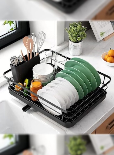 Dish Drying Rack- Space-Saving Dish Rack Dish Racks for Kitchen Counter Stainless Steel Kitchen Drying Rack with a Cutlery Holder Black