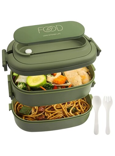 2-Layer Bento Lunch Box: 1550ml Bento Box for Kids Adults with 3 Compartments, Leakproof Lunch Box Containers with Handle Japanese Stackable Lunch Box, Meal Prep Containers for School &amp; Office