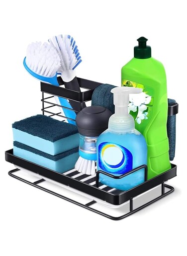 Arabest Kitchen Sink Sponge Holder, Large Metal Stainless Sponge Holder for Kitchen Sink, Dish Brush Holder Sink Holder with Drain Pan and Towel Holder, Punch-free Dry Kitchen Sink Organizer (Black)