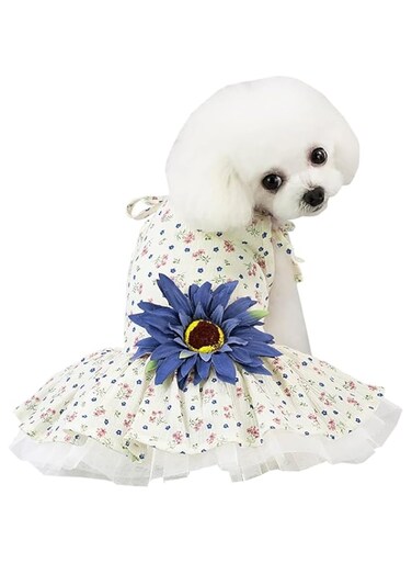 Dog Dress Puppy Luxury Skirt Dog Clothes Princess Dresses Wedding Evening Dress Tutu Skirt Daisy Flower Skirt for Small Dog Girl (Blue, S)