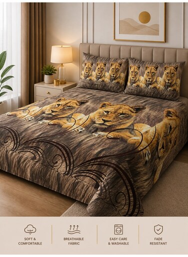 King Size Double Bedsheet Set 220x240cm Lion Printed Design with 2 Pillow Covers Soft 125 GSM Fabric Durable &amp; Fade Resistant Luxury Comfortable Bedding Set