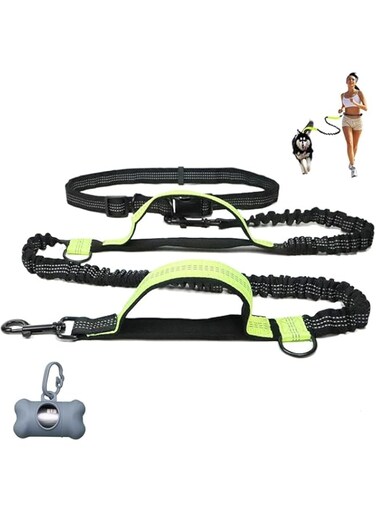 Hands-free leash, shock-absorbing elastic leash for running and hiking training, adjustable belt and reflective light, two-handle elastic bungee retractable rope for medium and large dogs (green)