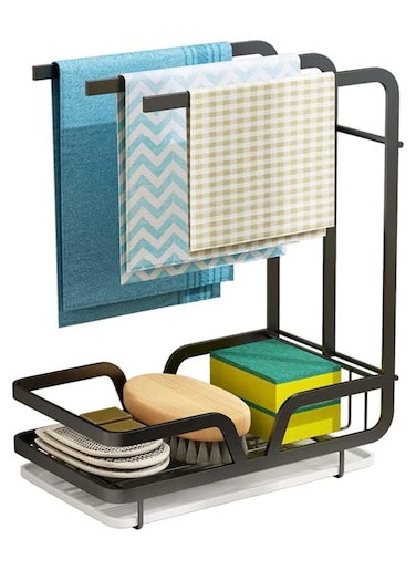 Kitchen Sponge Holder with Dishcloth Drying Rack Kitchen Sink Caddy Organizer with Drain Pan Kitchen Rag Stand for Kitchen Dish Supplies Storage Rack Draining Rack（Black）