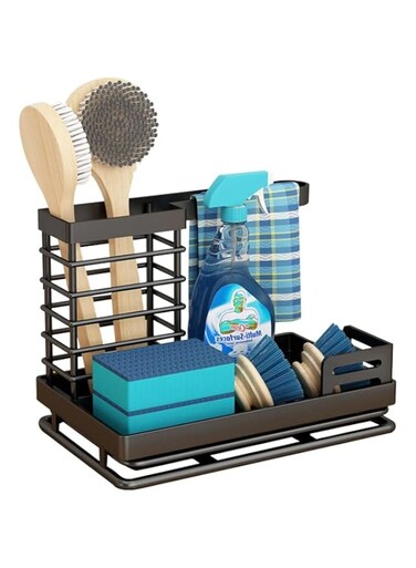 U-HOOME Sink Caddy Kitchen Organiser Soap Dispenser Sponge Holder Storage Organisation Dish Dishcloth Drainer Brush Holder Drain Drying Rack with Draining Pan for Countertop,Stainless Steel,Black