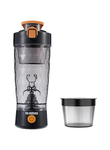 SULUNZEGER Protein Shaker Bottle, Whey Protein Water Bottle with Powder Cup, Rechargeable Portable Blender, Tritan and BPA Free Material, Pre Workout Mixer for Gym and Fitness (Black)