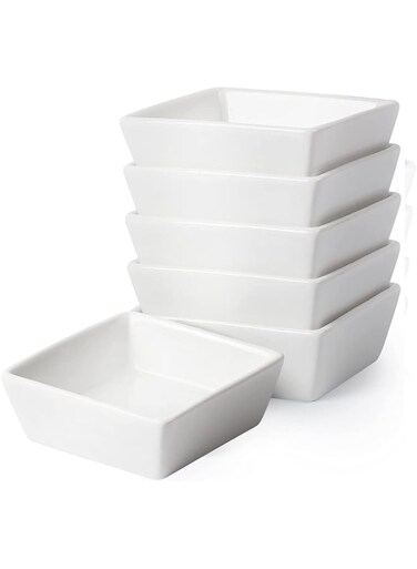 Masroo Ramekins 177ml Oven Safe - Square Ramekins for Creme Brulee, Porcelain Souffle Ramekins for Baking, Dessert Bowls Appetizer Bowls Dipping Sauce Dish, Set of 6, White