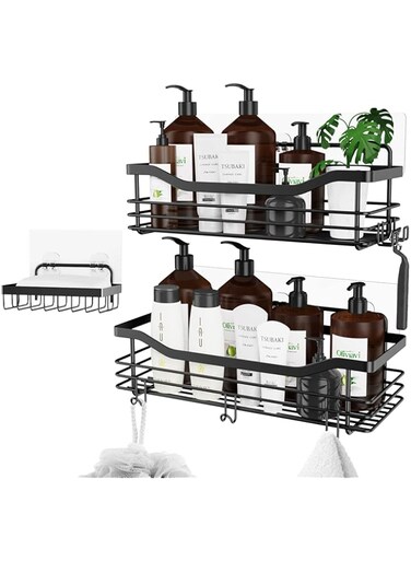 Orimade Shower Caddy Basket Soap Dish Holder Shelf with 5 Hooks Bathroom Organizer Shelf Kitchen Storage Rack Wall Mounted Adhesive No Drilling SUS304 Stainless Steel - 3 Pack,Black