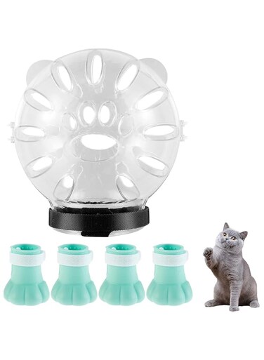 ALMEKAQUZ Cat Muzzle and Boots   Cat Breathable Bubble Helmet Hood and 4-Pack Silicone Cat Claw Covers for Bathing Grooming Bathing Nail Trimming to Prevent Bites   Pet Tools(Small)