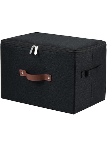 VinneGenzz Storage Bins with Zipper Lid Cotton Linen Fabric Lidded Storage Baskets Boxes Foldable Washable Closet Shelf Clothes Organizer Container with PU Leather Handles (Black, Large Size)