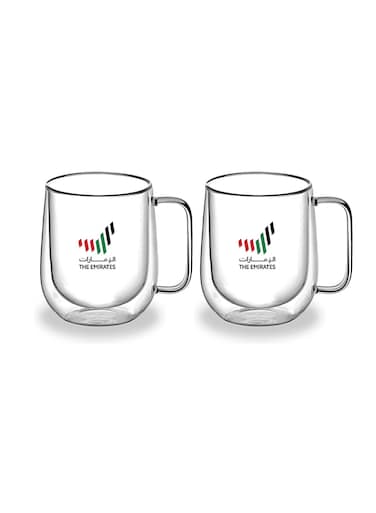 300ml Borosilicate Glass Double Wall Mug Set 2 Pcs Clear Insulated Coffee Tea Cup with UAE Flag Text Design Thermal Drinkware for Hot Cold Beverages