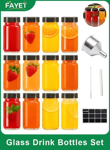 12-Pack Glass Drink Bottles with Airtight Lids, Wide Mouth Reusable Juice Bottles Set for Milk, Kombucha, Coffee and Oils, Includes Labels, White Pen, Bottle Brush and Stainless Steel Mini Funnel