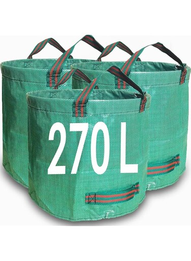 Zucklight Heavy Duty Garden Waste Bags 270 Litre - 3 Sacks Builders Bags Reusable - Industrial Fabric and Handles - Green/Garden Waste Sacks, Garden Bags Heavy Duty with Handles
