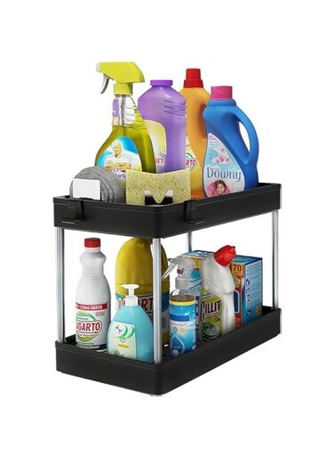 Under Sink Organizer, Under Bathroom Sink Storage 2 Tier Organizer Bath Collection Baskets with Hooks, Multi-purpose Under Sink Storage for Bathroom Kitchen (Black)