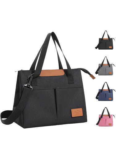 Lunch Bag, Women Insulated Lunch Bag, Reusable Leakproof Large Spacious Cooler Tote for Women Men Adult with Removable Adhesive Decoration for Work Office Travel Picnic (Black)