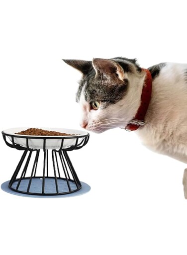 ELECDON Pet Feeding Dish with Stand, ELECDON Ceramic Cat Bowl, Raised Puppy Kitten Food Dispenser Pet Animal Food Feeding Bowl with Stand for Home (Black)