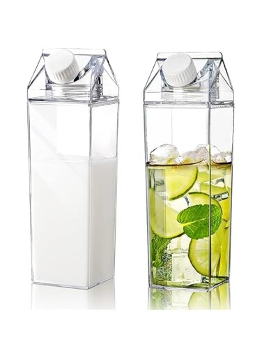 17 oz Milk Carton Water Bottles Plastic Clear Milk Bottles Portable Reusable Milk Box Milk Carton Shaped Water Container Juice Tea Jug for Travelling Sports Camping Outdoor Activities (2 Pieces)