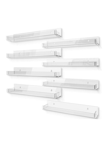 8 Pack 15 Inch Clear Acrylic Shelves - Floating Bookshelf for Kids Room, Modern Nail Polish Rack, Sunglasses, Essential Oil, Picture Ledge Display, Toy Storage Wall Shelf