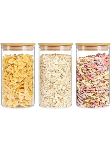 TAPIT Glass Food Storage Containers Set with Bamboo Airtight Lids and Labels (3 Pieces, 1400ml)