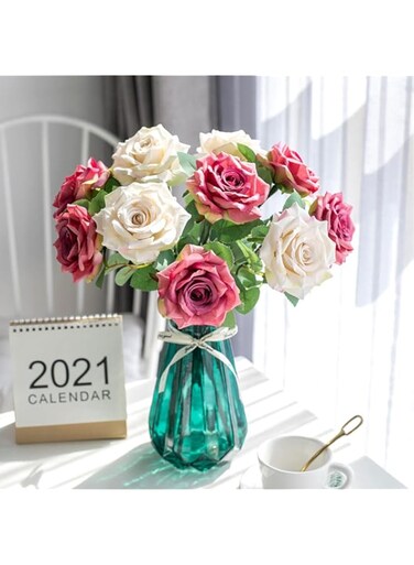 TKAS Artificial flowers Fake Flowers Plants Silk Plastic Bouquets Birthday Table Decoration Holding Classy Flower for Table Home Office Party Garden Art Decor (Rose Red+White)