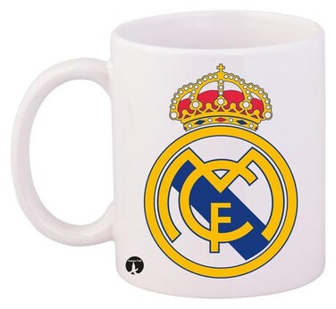 Durable Heat-Resistant Thick Wall Designed Ergonomic Handled Football Club Real Madrid Printed Mug White/Blue/Yellow 11ounce