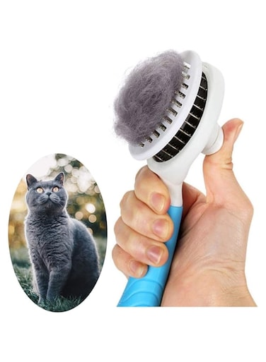 1 Pcs Cat Grooming Brush, Self Cleaning Slicker Brushes for Dogs Cats Pet Grooming Brush Tool Gently Removes Loose Undercoat, Tangled Hair Slicker Brush for cats Massage-Self Cleaning-Upgraded (BLUE)