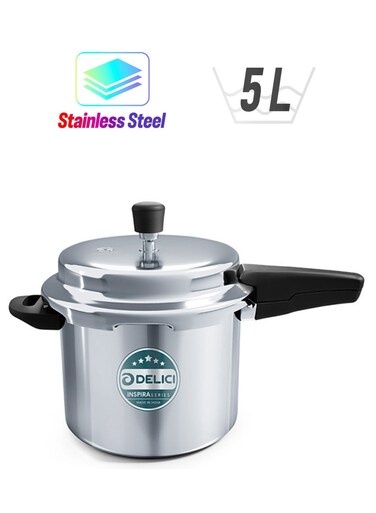 5Liters Stainless Steel Pressure Cooker - Quick Heating Induction Base, Safe Gasket Release, Kitchen Cooking Food Making Preparation, Heavy Base Sandwich Bottom - Ideal for High Thermal Cooking - SPC5E Silver