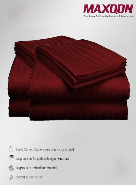 MAXQON Fitted Bed Sheet +1Pcs Pillow Covers, Single Size 90x190+15cm, Color Maroon