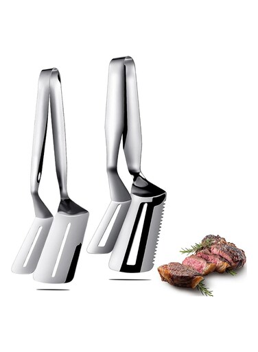 Pieces Stainless Steel Steak Clamps Double Sided Spatula Food Flipping Spatula Tongs Clip Barbecue Tong for Fish Fries Beefsteak Bread Hamburger BBQ Meats Pizza Pies