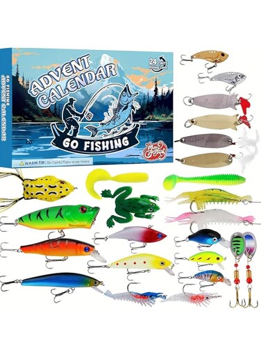 HZYH Advent Calendar 2024 Fishing Lure for Man Adult Teen, 24 Days Christmas Countdown Fish Tackle Set, Xmas Surprise Fish Bait Gift for Father Grandpa Brother Boyfriend (A)