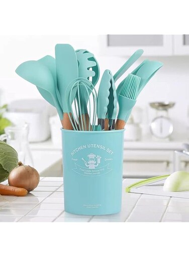 FOFA" Nonstick 11 Pcs Silicone Kitchen Utensils Set With Wooden Handle and Storage Bucket - Silicone Cooking Utensils Set For Effortless Culinary Creations (Green)