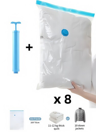 Premium Vacuum Storage Bags with Manual Pump, 8 Pack, Reusable Space Saver Bags for Clothes, Mattress, Blanket, Duvet, Pillow, Comforter, Quilt, Travel