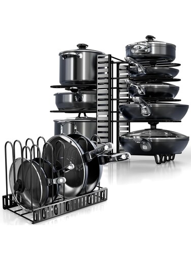 Pots and Pans Organizer Under Cabinet - 8-Tier Adjustable Pan Organizer Rack for Cabinet - Heavy-Duty Pot &amp; Pan Organizer - Perfect to Store Pots, Pans, Lids - Easy Kitchen Organization and Storage