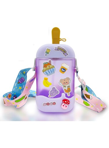 Water Bottle Ice Cream Water Bottle for Girls, Cute Popsicle Water Bottles with Straw and Adjustable Shoulder Strap, Popsicle Cup for Outdoor Sports Travel, Leakproof, BPA-Free, 14 oz