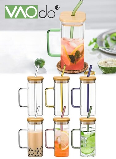 6 Pack Glass Cup Sets with Lids and Straws, Glass Coffee Cups with Bamboo Lids, Square Drinking Glass Cups for Iced Coffee Smoothie Oats Milk Juice and Water Containers 450 ML