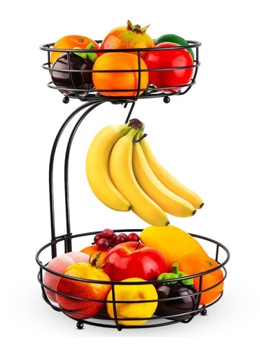 2-Tier Detachable Fruit Basket with Banana Hanger - Large Capacity Kitchen Storage &amp; Fruit Vegetable Organizer for Countertop, Multifunctional for Bread, Snacks (Black)
