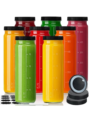 Huichuiero [8 Pack] 20 Oz Glass Juicing Bottles w Airtight Lids - Reusable Drinking Jars w Scale, Travel Water Cups - Tall Mason Jar for Juice, Boba, Smoothie, Vanilla Extract(Extra 3 Lids)