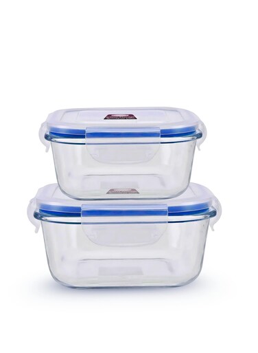 Glass Food Storage Containers, 400ml and 600ml, Leak-Proof with Silicone Strip, 2 Sizes ,Blue