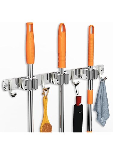 ECARES&reg; Broom Mop Holder, Wall Mounted, Stainless Steel, Screw or Self-Adhesive Stick-on Metal, Storage Organizer, Garage Organizer, Garden Tool, Tool Rack, Heavy Duty, 3 Racks 4 Hooks for Kitchen