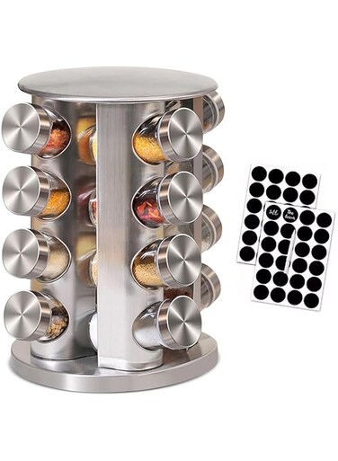 SHOPPING VIBES 20pcs Glass Spice Jars Set with Rotating Stainless Steel Rack &ndash; Premium Kitchen Organizer with Labels for Easy Storage &amp; Organization &ndash; Sleek Spice Rack for Any Kitchen