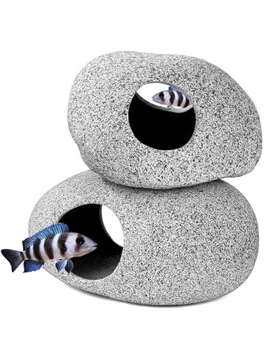 SZLYTYUN 2 Pieces Aquarium Decoration Rock Cave Fish Leaf Pad Natural Habitat Hidden Breeding Spawning Cave Stone Toy Fish Rock House Shrimp Cichlid Betta Fish