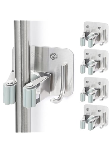 PYEBE Stainless Steel Broom Holder, Heavy Duty, Rust Resistant, 4 Gripper Positions with 4 Hooks (Silver)