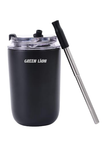 Green Lion Vacuum Travel Mug Lite 280 Ml, Stainless Steel Body, Cup Holder Friendly, Food Grade Silicone Straw, Keep Cold 12H, Keep Hot 6H, Travel Friendly &amp; Compact, Portable (Black)