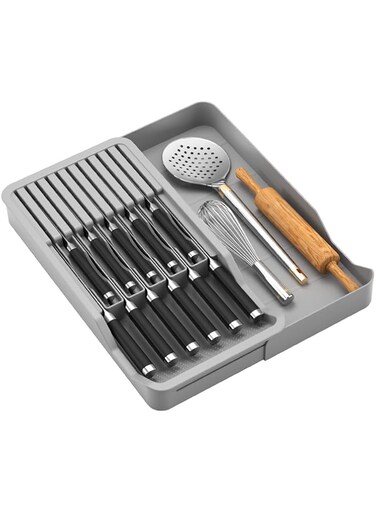 U-HOOME Expandable Kitchen Knife Drawer Organizer, Multifunctional Adjustable Cutlery Tray utensil organizer for Utensils, Knife Holder Drawer Storage fit for 11 Knives and Kitchen Gadgets