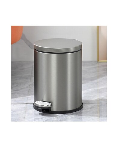 Stainless Steel Double Layer Dustbin with Pedal and Lid For Bathroom Kitchen,Silent Lidded Trash Bin,Fingerprint-Proof Modern Garbage Can,Round Bucket with Handle for Home Office (Grey, 8L)