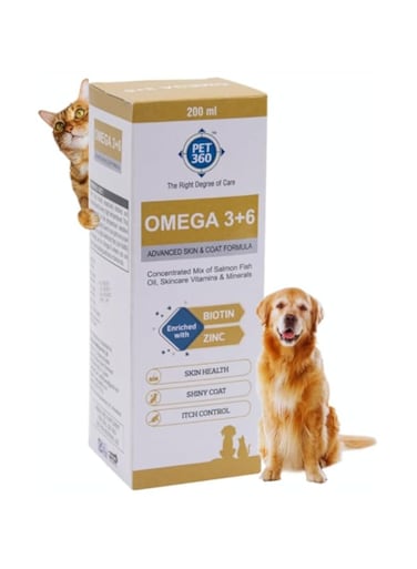 PET360 Omega 3+6 Concentrated Salmon Fish Oil for Dogs &amp; Cats with Vitamins &amp; Minerals   Shinier Coat, Itch &amp; Allergy Control   Improves Skin &amp; Hair Health   Nutritional Supplement for Pets - 200 ml