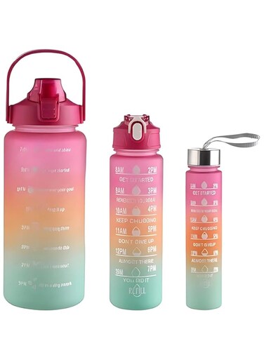 Motivational Water Bottle Pack of 3 - Precision-Measured Plastic Drinking Bottles 2L+900ml+300ml- BPA Free &amp; Non-Toxic- For Fitness Gym and Outdoor Sports - Rose Gradient